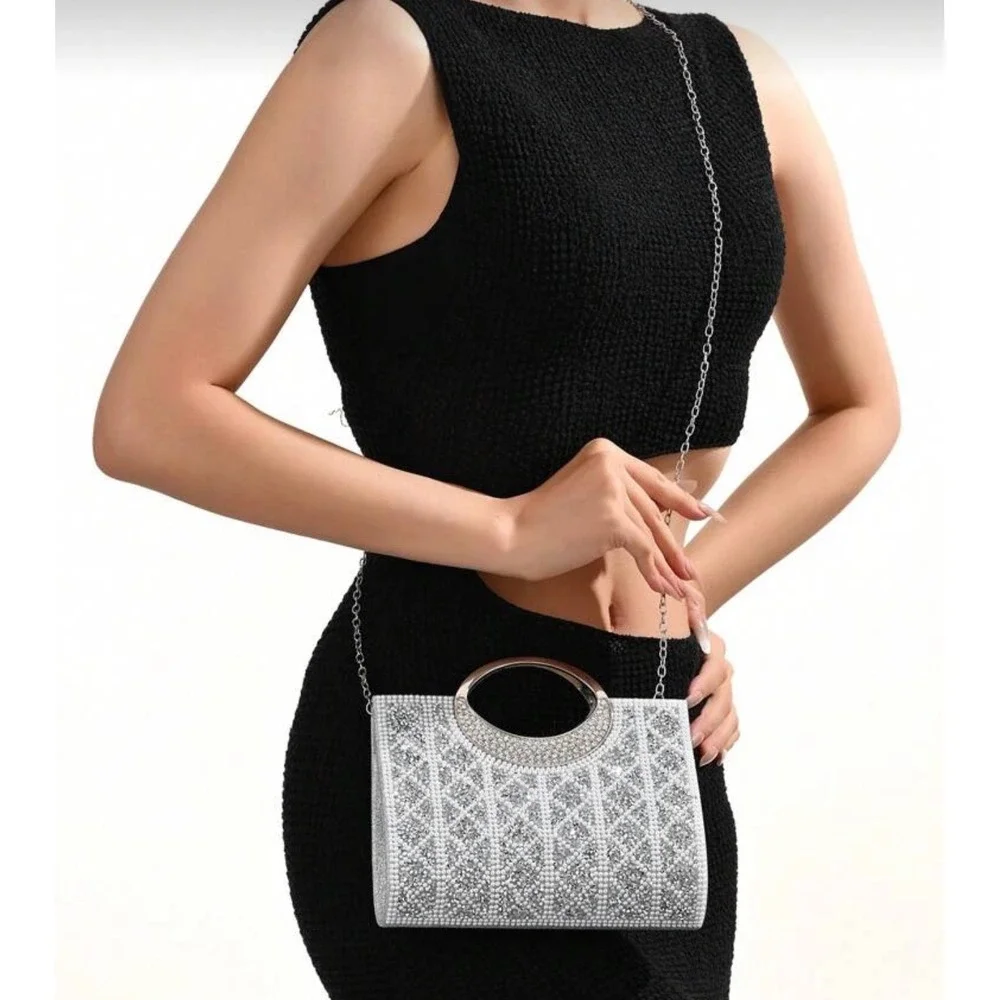 Opulaura Silver Rhinestone Pearl Evening Clutch Bag Wedding‎ Formal Crossbody